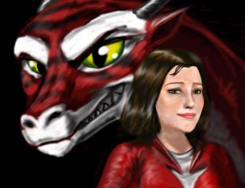 Женщина в красном и красный дракон