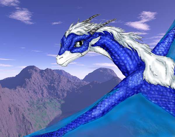 Голубой дракон летит над скалами