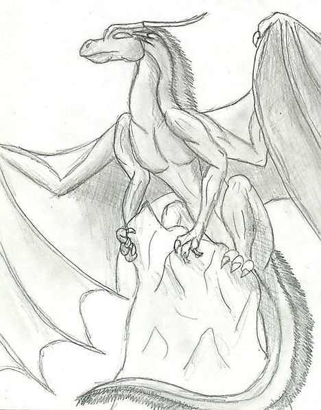 Рисунок с драконом, восседающим на камне