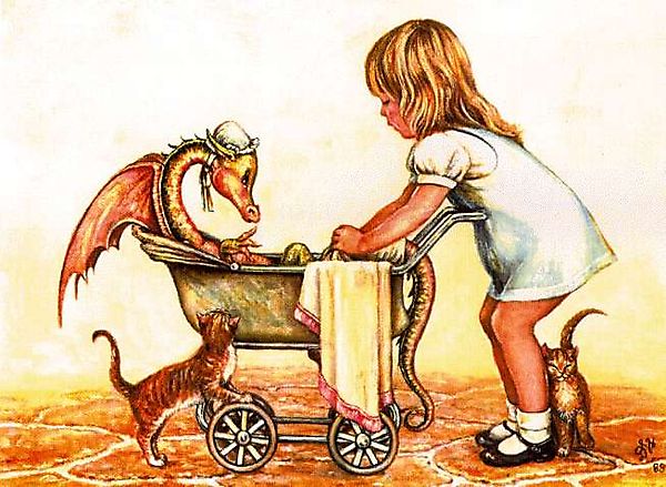 Девочка играет с драконом в дочки-матери