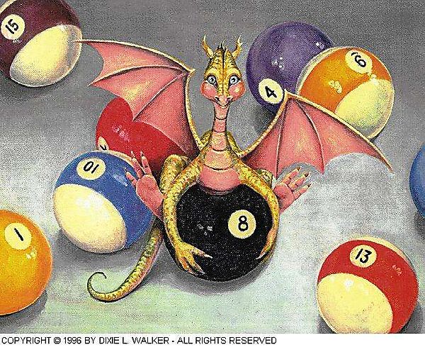 Юный дракончик играет с бильярдными шарами