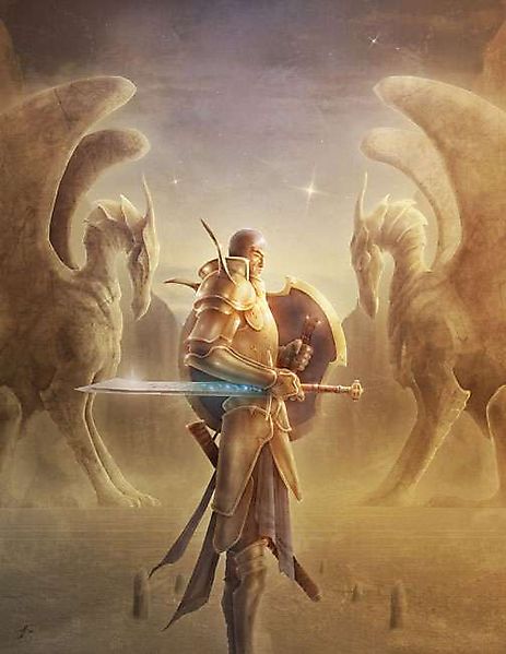 Рыцарь между двумя драконовскими статуями