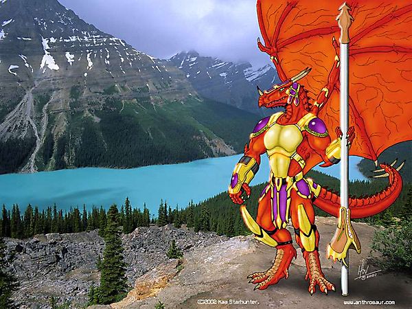 Дракон с копьём на вершине скалы