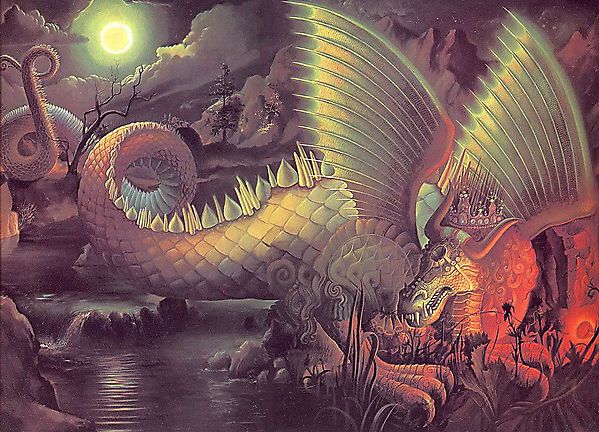 Королевский дракон отдыхает у ночного озера