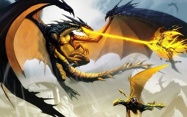 Огромный дракон атакует других драконов