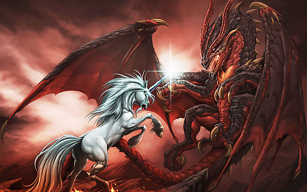 Единорог атакует дракона