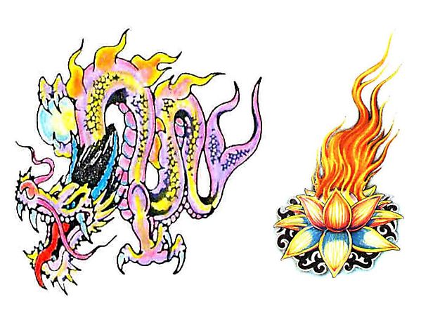 Зарисовка дракона и пламенного лотоса