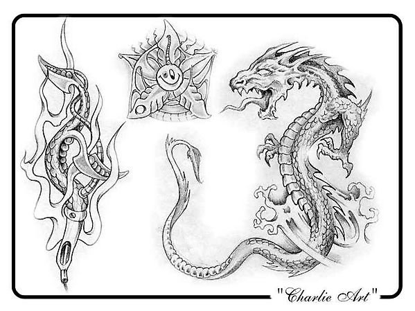 Чёрно-белые татушки с драконом и водной растительностью