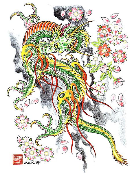Тату дракона среди цветущей сакуры