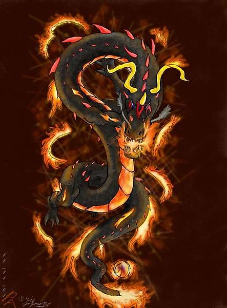 Змие-дракон среди пламенных бликов