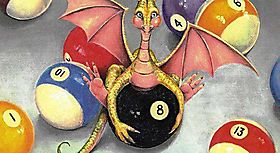 Юный дракончик играет с бильярдными шарами