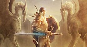 Рыцарь между двумя драконовскими статуями