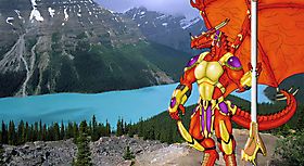 Дракон с копьём на вершине скалы