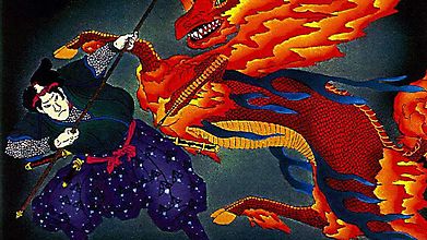 Самурая дерётся с огненным драконом