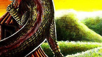 Сильный дракон смотрит на зелёную долину