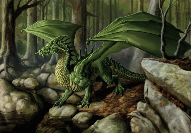 зеленый дракон на камнях